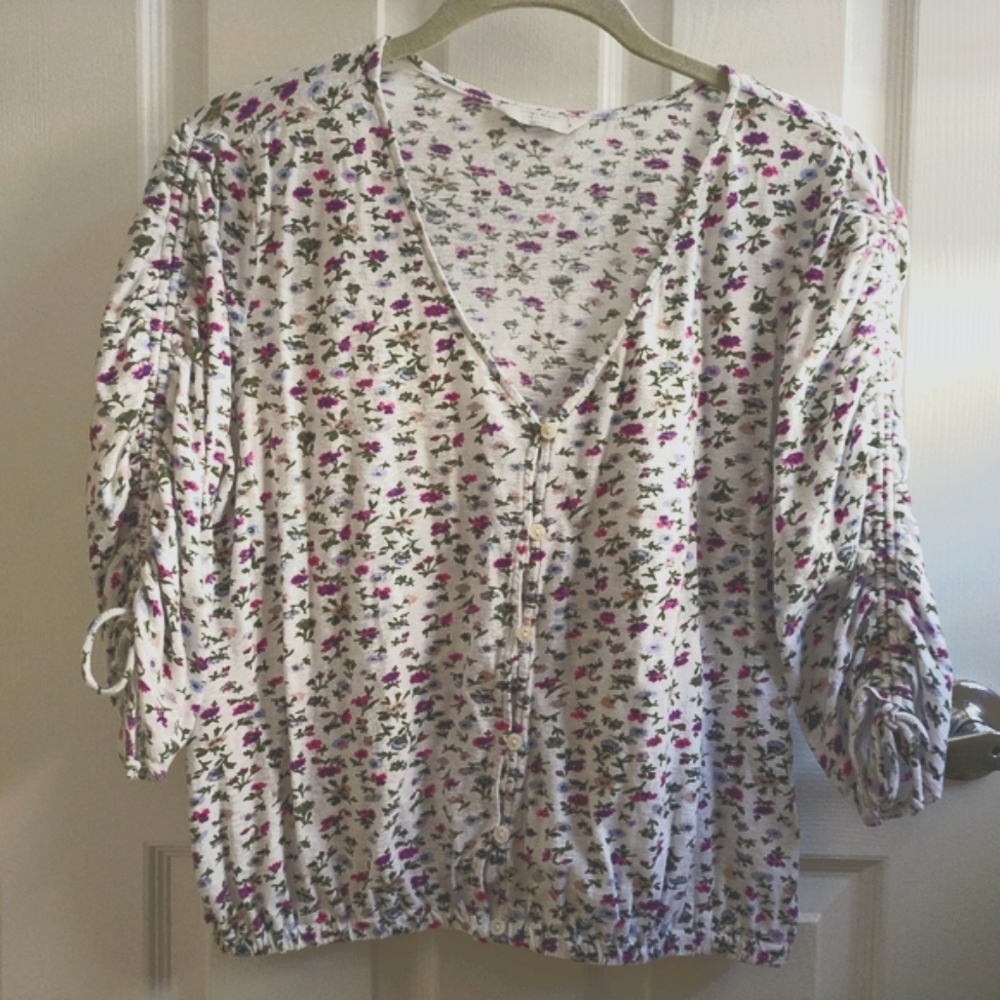 Lucky Brand cotton floral boho white-pink top, sz M